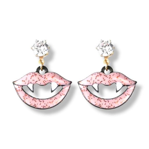 Bundle 2 pairs 1 red 1 pink sparkly crystal vampire teeth lips earrings - Picture 3 of 12